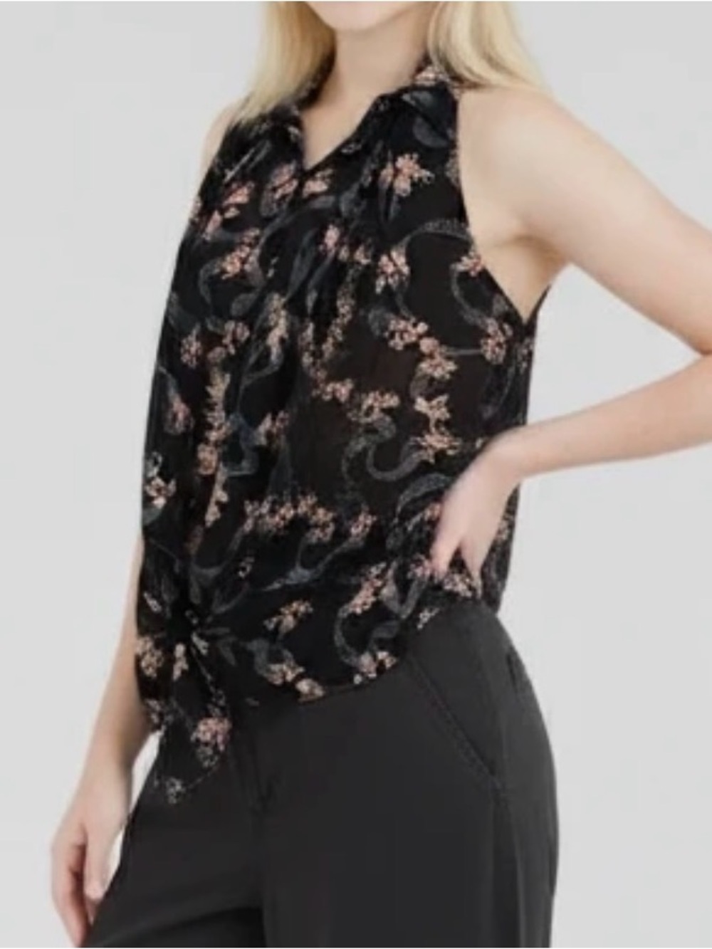 Guess Black Floral Sleeveless Tie-Front Blouse L